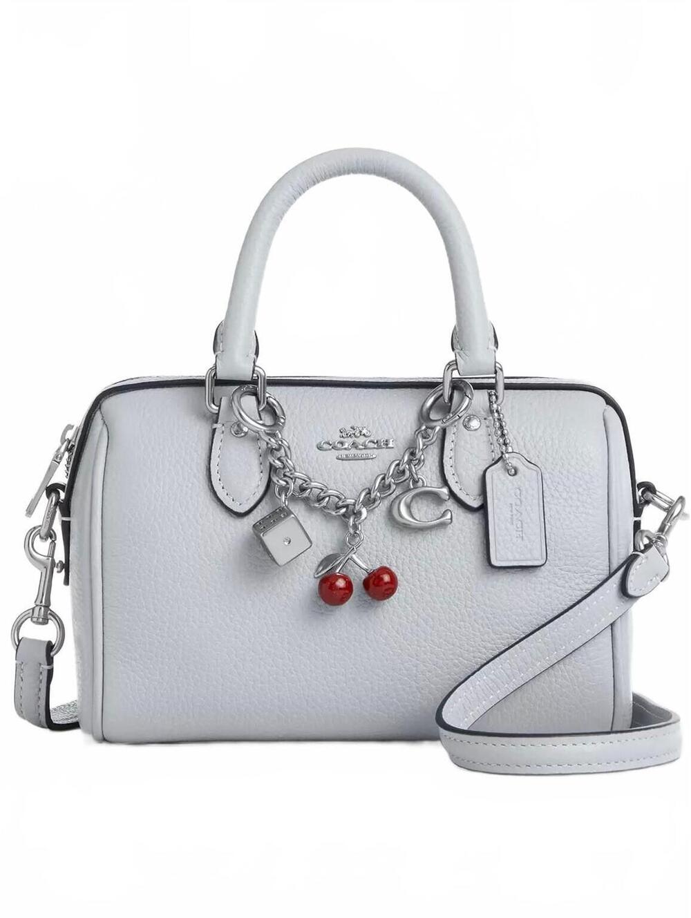 Coach Mini Rowan Crossbody Bag With Charms Pebbled Leather/Silver/Ice Blue NEW
